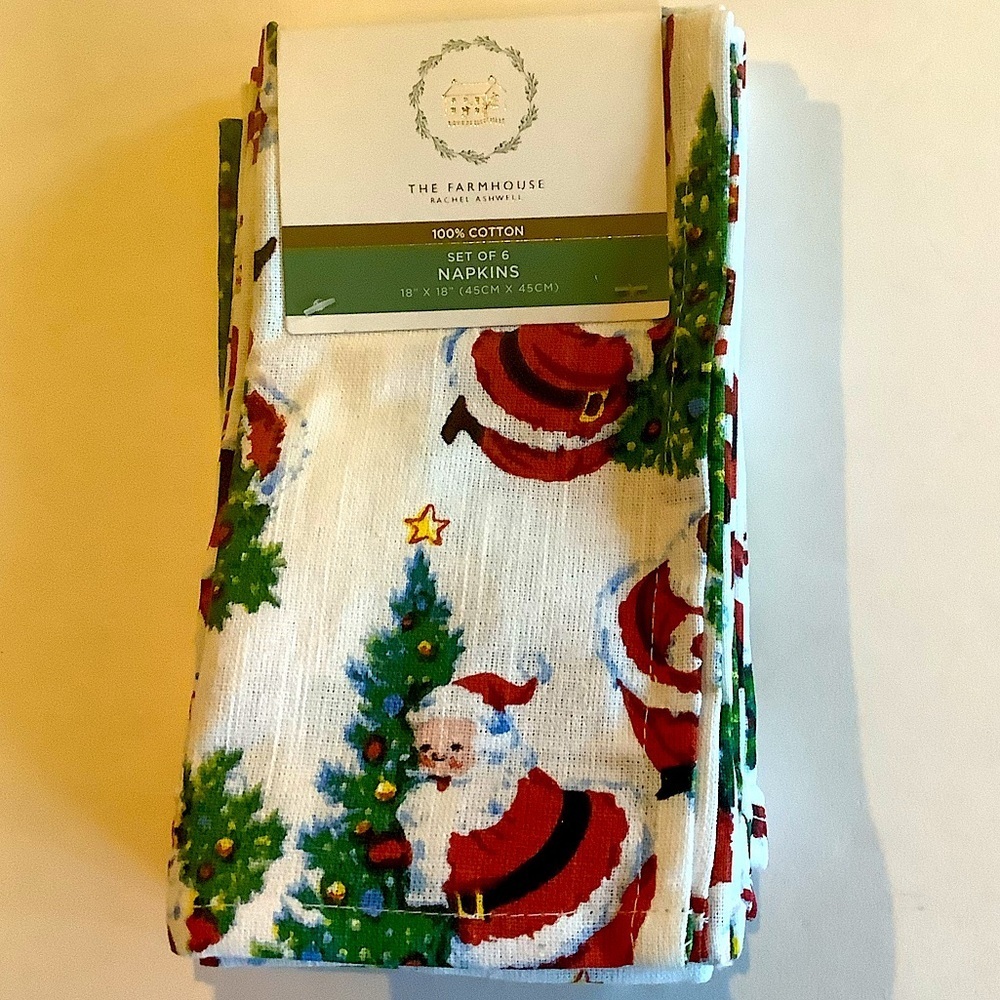 Rachel Ashwell Farmhouse Santa Christmas Cotton Napkins 6 New